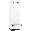 Kleiderspind C+P Evolo Plus, 2 Abteile à 300 mm Breite, Sockel, schwebende Sitzbank, B 600 x T 815 x H 1950 mm, Zylinder, verkehrsweiß/verkehrsweiß