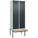 Kleiderspind C+P Evolo Plus, 2 Abteile à 400 mm Breite, schwebende Sitzbank, B 800 x T 815 x H 2120 mm, Drehriegel, lichtgrau/anthrazitgrau