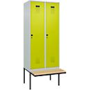 Kleiderspind C+P Evolo Plus, 2 Abteile à 400 mm Breite, schwebende Sitzbank, B 800 x T 815 x H 2120 mm, Drehriegel, lichtgrau/clowngrün