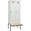 Kleiderspind C+P Evolo Plus, 2 Abteile à 400 mm Breite, schwebende Sitzbank, B 800 x T 815 x H 2120 mm, Drehriegel, lichtgrau/lichtgrau