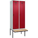 Kleiderspind C+P Evolo Plus, 2 Abteile à 400 mm Breite, schwebende Sitzbank, B 800 x T 815 x H 2120 mm, Drehriegel, lichtgrau/rubinrot