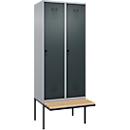 Kleiderspind C+P Evolo Plus, 2 Abteile à 400 mm Breite, schwebende Sitzbank, B 800 x T 815 x H 2120 mm, Drehriegel, weißaluminium/anthrazitgrau