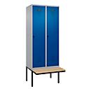 Kleiderspind C+P Evolo Plus, 2 Abteile à 400 mm Breite, schwebende Sitzbank, B 800 x T 815 x H 2120 mm, Drehriegel, weißaluminium/enzianblau