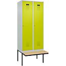 Kleiderspind C+P Evolo Plus, 2 Abteile à 400 mm Breite, schwebende Sitzbank, B 800 x T 815 x H 2120 mm, Zylinder, lichtgrau/clowngrün