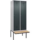 Kleiderspind C+P Evolo Plus, 2 Abteile à 400 mm Breite, schwebende Sitzbank, B 800 x T 815 x H 2120 mm, Zylinder, weißaluminium/anthrazitgrau