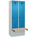 Kleiderspind C+P Evolo Plus, 2 Abteile à 400 mm Breite, Sockel, schwebende Sitzbank, B 800 x T 815 x H 1950 mm, Drehriegel, lichtgrau/lichtblau