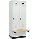 Kleiderspind C+P Evolo Plus, 2 Abteile à 400 mm Breite, Sockel, schwebende Sitzbank, B 800 x T 815 x H 1950 mm, Drehriegel, lichtgrau/lichtgrau