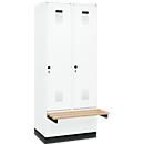 Kleiderspind C+P Evolo Plus, 2 Abteile à 400 mm Breite, Sockel, schwebende Sitzbank, B 800 x T 815 x H 1950 mm, Drehriegel, verkehrsweiss/verkehrsweiss