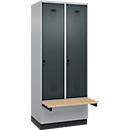 Kleiderspind C+P Evolo Plus, 2 Abteile à 400 mm Breite, Sockel, schwebende Sitzbank, B 800 x T 815 x H 1950 mm, Drehriegel, weissaluminium/anthrazitgrau