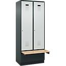 Kleiderspind C+P Evolo Plus, 2 Abteile à 400 mm Breite, Sockel, schwebende Sitzbank, B 800 x T 815 x H 1950 mm, Zylinder, anthrazitgrau/lichtgrau