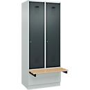 Kleiderspind C+P Evolo Plus, 2 Abteile à 400 mm Breite, Sockel, schwebende Sitzbank, B 800 x T 815 x H 1950 mm, Zylinder, lichtgrau/anthrazitgrau