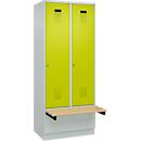 Kleiderspind C+P Evolo Plus, 2 Abteile à 400 mm Breite, Sockel, schwebende Sitzbank, B 800 x T 815 x H 1950 mm, Zylinder, lichtgrau/clowngrün
