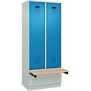 Kleiderspind C+P Evolo Plus, 2 Abteile à 400 mm Breite, Sockel, schwebende Sitzbank, B 800 x T 815 x H 1950 mm, Zylinder, lichtgrau/lichtblau