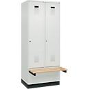 Kleiderspind C+P Evolo Plus, 2 Abteile à 400 mm Breite, Sockel, schwebende Sitzbank, B 800 x T 815 x H 1950 mm, Zylinder, lichtgrau/lichtgrau