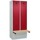 Kleiderspind C+P Evolo Plus, 2 Abteile à 400 mm Breite, Sockel, schwebende Sitzbank, B 800 x T 815 x H 1950 mm, Zylinder, lichtgrau/rubinrot