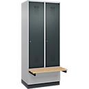 Kleiderspind C+P Evolo Plus, 2 Abteile à 400 mm Breite, Sockel, schwebende Sitzbank, B 800 x T 815 x H 1950 mm, Zylinder, weissaluminium/anthrazitgrau