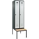 Kleiderspind C+P Evolo Plus, 2 Abteile mit je 300 mm Breite, Unterbau-Sitzbank, B 600 x T 815 x H 2120 mm, Drehriegel, anthrazitgrau/lichtgrau