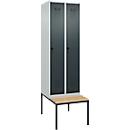 Kleiderspind C+P Evolo Plus, 2 Abteile mit je 300 mm Breite, Unterbau-Sitzbank, B 600 x T 815 x H 2120 mm, Drehriegel, lichtgrau/anthrazitgrau