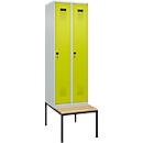 Kleiderspind C+P Evolo Plus, 2 Abteile mit je 300 mm Breite, Unterbau-Sitzbank, B 600 x T 815 x H 2120 mm, Drehriegel, lichtgrau/clowngrün