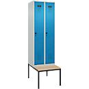 Kleiderspind C+P Evolo Plus, 2 Abteile mit je 300 mm Breite, Unterbau-Sitzbank, B 600 x T 815 x H 2120 mm, Drehriegel, lichtgrau/lichtblau