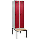 Kleiderspind C+P Evolo Plus, 2 Abteile mit je 300 mm Breite, Unterbau-Sitzbank, B 600 x T 815 x H 2120 mm, Drehriegel, lichtgrau/rubinrot