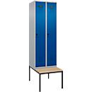 Kleiderspind C+P Evolo Plus, 2 Abteile mit je 300 mm Breite, Unterbau-Sitzbank, B 600 x T 815 x H 2120 mm, Drehriegel, weissaluminium/enzianblau