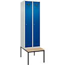 Kleiderspind C+P Evolo Plus, 2 Abteile mit je 300 mm Breite, Unterbau-Sitzbank, B 600 x T 815 x H 2120 mm, Zylinder, lichtgrau/enzianblau