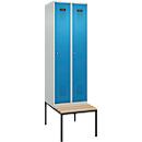 Kleiderspind C+P Evolo Plus, 2 Abteile mit je 300 mm Breite, Unterbau-Sitzbank, B 600 x T 815 x H 2120 mm, Zylinder, lichtgrau/lichtblau