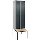 Kleiderspind C+P Evolo Plus, 2 Abteile mit je 300 mm Breite, Unterbau-Sitzbank, B 600 x T 815 x H 2120 mm, Zylinder, weissaluminium/anthrazitgrau