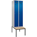 Kleiderspind C+P Evolo Plus, 2 Abteile mit je 300 mm Breite, Unterbau-Sitzbank, B 600 x T 815 x H 2120 mm, Zylinder, weissaluminium/enzianblau