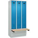 Kleiderspind C+P Evolo Plus, 3 Abteile à 300 mm Breite, Sockel, schwebende Sitzbank, B 900 x T 815 x H 1950 mm, Zylinder, lichtgrau/lichtgrau