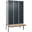 Kleiderspind C+P Evolo Plus, 3 Abteile à 400 mm Breite, schwebende Sitzbank, B 1200 x T 815 x H 2120 mm, Drehriegel, weißaluminium/anthrazitgrau