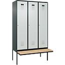 Kleiderspind C+P Evolo Plus, 3 Abteile à 400 mm Breite, schwebende Sitzbank, B 1200 x T 815 x H 2120 mm, Zylinder, anthrazitgrau/lichtgrau
