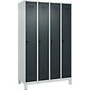 Kleiderspind C+P Evolo Plus, 4 Abteile, 300 mm Abteilbreite, mit Füßen, Anschlag rechts, Drehriegel, B 1200 x T 500 x H 1950 mm, lichtgrau/anthrazitgrau