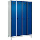 Kleiderspind C+P Evolo Plus, 4 Abteile, 300 mm Abteilbreite, mit Füßen, Anschlag rechts, Drehriegel, B 1200 x T 500 x H 1950 mm, lichtgrau/enzianblau