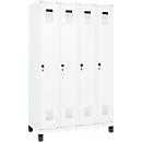 Kleiderspind C+P Evolo Plus, 4 Abteile, 300 mm Abteilbreite, mit Füßen, Anschlag rechts, Drehriegel, B 1200 x T 500 x H 1950 mm, verkehrsweiß/verkehrsweiß