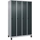 Kleiderspind C+P Evolo Plus, 4 Abteile, 300 mm Abteilbreite, mit Füßen, Anschlag rechts, Drehriegel, B 1200 x T 500 x H 1950 mm, weißaluminium/anthrazitgrau