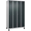 Kleiderspind C+P Evolo Plus, 4 Abteile, 300 mm Abteilbreite, mit Füßen, Anschlag rechts, Zylinder, B 1200 x T 500 x H 1950 mm, weißaluminium/anthrazitgrau