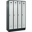 Kleiderspind C+P Evolo Plus, 4 Abteile, 300 mm Abteilbreite, mit Sockel, Anschlag rechts, B 1200 x T 500 x H 1950 mm, Drehriegel, anthrazitgrau/lichtgrau