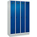 Kleiderspind C+P Evolo Plus, 4 Abteile, 300 mm Abteilbreite, mit Sockel, Anschlag rechts, B 1200 x T 500 x H 1950 mm, Drehriegel, lichtgrau/enzianblau