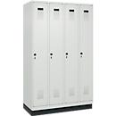 Kleiderspind C+P Evolo Plus, 4 Abteile, 300 mm Abteilbreite, mit Sockel, Anschlag rechts, B 1200 x T 500 x H 1950 mm, Drehriegel, lichtgrau/lichtgrau
