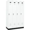 Kleiderspind C+P Evolo Plus, 4 Abteile, 300 mm Abteilbreite, mit Sockel, Anschlag rechts, B 1200 x T 500 x H 1950 mm, Drehriegel, verkehrsweiß/verkehrsweiß