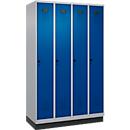 Kleiderspind C+P Evolo Plus, 4 Abteile, 300 mm Abteilbreite, mit Sockel, Anschlag rechts, B 1200 x T 500 x H 1950 mm, Drehriegel, weißaluminium/enzianblau