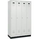 Kleiderspind C+P Evolo Plus, 4 Abteile, 300 mm Abteilbreite, mit Sockel, Anschlag rechts, B 1200 x T 500 x H 1950 mm, Zylinder, lichtgrau/lichtgrau