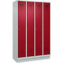 Kleiderspind C+P Evolo Plus, 4 Abteile, 300 mm Abteilbreite, mit Sockel, Anschlag rechts, B 1200 x T 500 x H 1950 mm, Zylinder, lichtgrau/rubinrot