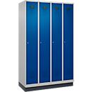 Kleiderspind C+P Evolo Plus, 4 Abteile, 300 mm Abteilbreite, mit Sockel, Anschlag rechts, B 1200 x T 500 x H 1950 mm, Zylinder, weißaluminium/enzianblau