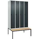 Kleiderspind C+P Evolo Plus, 4 Abteile, 300 mm Abteilbreite, mit untergebauter Sitzbank, B 1200 x T 815 x H 2120 mm, Drehriegel, lichtgrau/anthrazitgrau