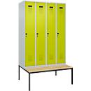 Kleiderspind C+P Evolo Plus, 4 Abteile, 300 mm Abteilbreite, mit untergebauter Sitzbank, B 1200 x T 815 x H 2120 mm, Drehriegel, lichtgrau/clowngrün