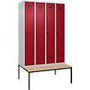 Kleiderspind C+P Evolo Plus, 4 Abteile, 300 mm Abteilbreite, mit untergebauter Sitzbank, B 1200 x T 815 x H 2120 mm, Drehriegel, lichtgrau/rubinrot