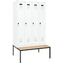 Kleiderspind C+P Evolo Plus, 4 Abteile, 300 mm Abteilbreite, mit untergebauter Sitzbank, B 1200 x T 815 x H 2120 mm, Drehriegel, verkehrsweiß/verkehrsweiß